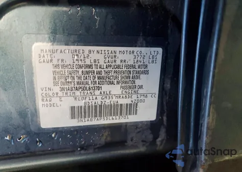 2013 Nissan Sentra S z USA, uszkodzony, nr VIN 3N1AB7AP5DL613701